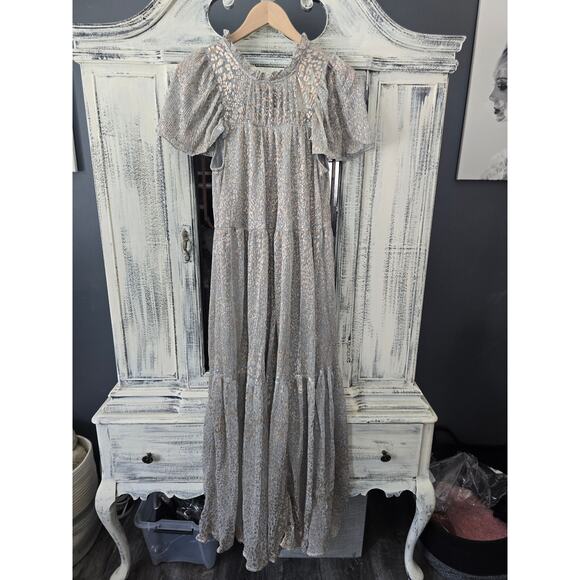 EUC Anthropologie Short-Sleeve Gold Silver Maxi Dress - Small - Picture 5 of 5